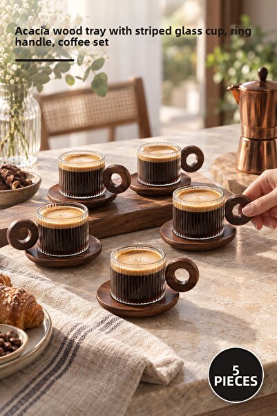 Yenilig 5-Piece Striped Acacia Coffee Set – Striped Glass Cup with Acacia Woo...