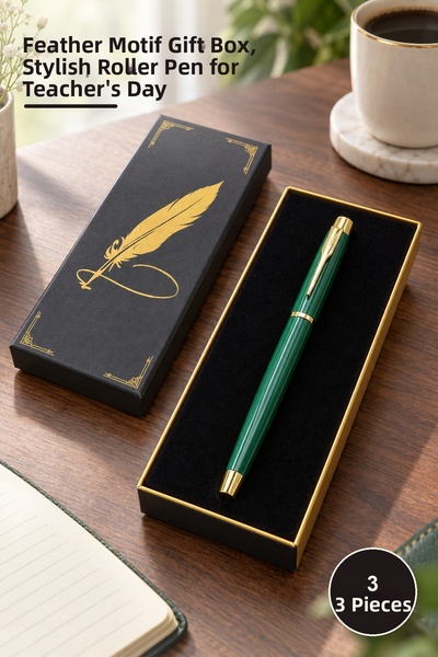 Yenilig 3-Piece Boxed Green Metal Rollerball Pens – Gift Box with Feather Mot...
