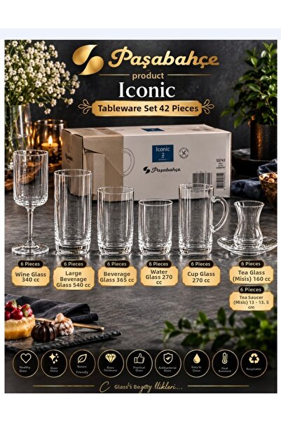 Paşabahçe Iconic 42-Piece Tableware Set, Stylish, Convenient, Naive Product, ...