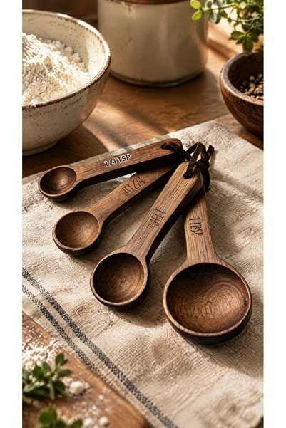 zezedesing 4-Piece Acacia Wood Measuring Spoon Set – Kitchen Coffee Spice Flo...
