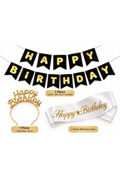 Dizayn Parti Evi Happy Birthday Birthday Set – Black Gold Banner, Birthday Cr...