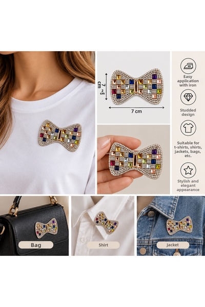 Generic Brand Bow Tie Figured Colorful Crystal Stone Iron-On Applique Arma 7X2 cm - 1 Piece