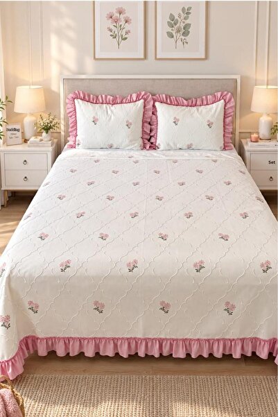 Çeyiz Diyarı Ruffle Nevra Embroidered Chenille 3 Piece Double Bedspread Powder