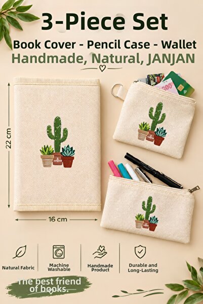 JANJAN SET DE 3 HUSE DE CĂRTE DIN MATERIAL NATURAL, (HUSĂ DE CĂRTE-SUport pen...