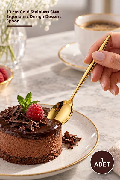 Yenilig 1 Piece Dessert Spoon Set – Stainless Steel Gold Color, 13 cm Ergonom...