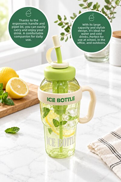 EVONİTA Straw Water Bottle, Large Size Water Bottle with Handle, Cold Drink C...