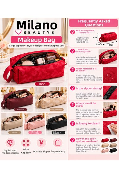 MİLANO BEAUTYS Zippered Makeup Bag – Large Capacity Cosmetic and Personal Care Bag, 6 Color Options
