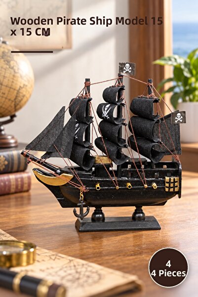 Yenilig 4 Wooden Pirate Ships – Wooden Model 15 X 15 Cm, Figure and Wooden Pi...