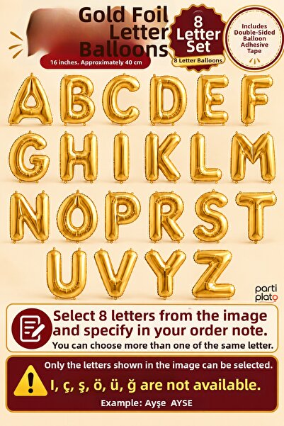 He2 Balloons Gold Foil Letter Balloon Set with 8 Letters, 16 Inch 40 cm Tape ...
