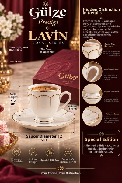 GÜLZE Prestige / Royal Series / Lavi̇n Model 2-Person Coffee Cup Set (Special Design-Thin Bone Porcelain)