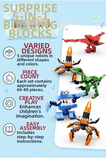 Tıfıl Toys Surprise Egg Set of 5 Building Blocks with Dinosaur and Vehicle Fi...