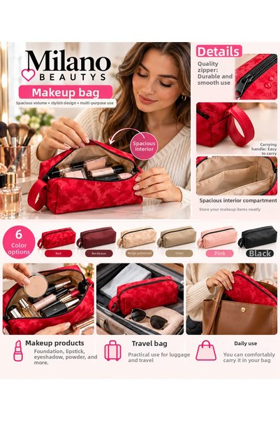 MİLANO BEAUTYS Zippered Makeup Bag – Large Capacity Cosmetic and Personal Care Bag, 6 Color Options