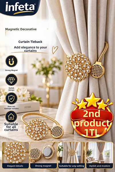 İnfeta Cataramă decorativă pentru perdele cu magnet auriu, cu model floral di...