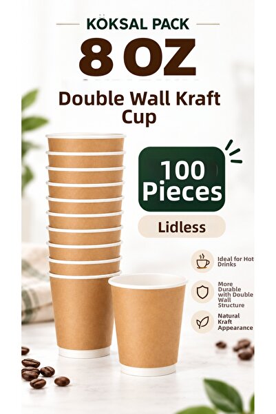 Köksal Pack 100 Pcs 8 oz Double Wall Kraft Coffee Cup Without Lid Double Wall...