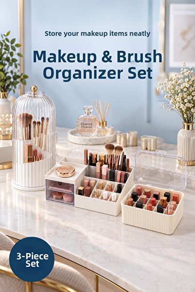 Vienev 3-Piece Makeup Organizer Set, Brush Holder with Jar Lid, Cosmetic Orga...