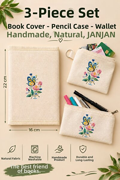 JANJAN SET DE 3 HUSE DE CĂRTE DIN MATERIAL NATURAL, (HUSĂ DE CĂRTE-SUport pen...