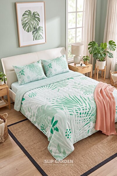 Sleep Garden غطاء سرير مبطن بنمط أوراق الشجر الخضراء من بالفينا، مقاس مزدوج