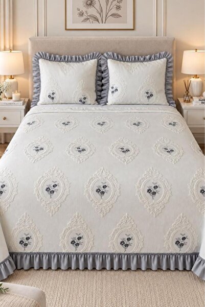 Çeyiz Diyarı Ruffle Gardenlove Embroidered Chenille 3 Piece Double Bedspread ...