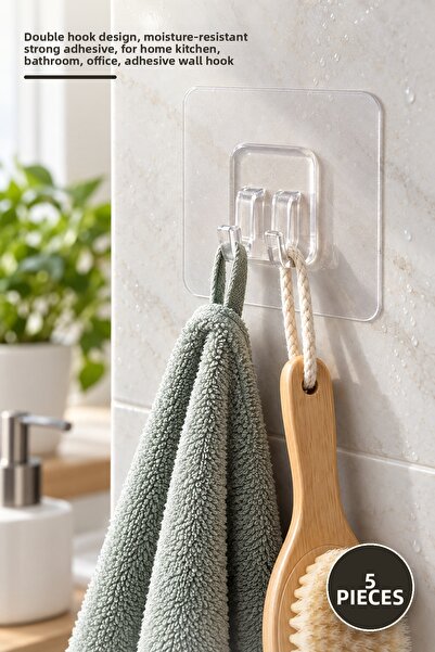 Yenilig 5 Pieces of Transparent Adhesive Wall Hooks – Double Hook Design, Moi...
