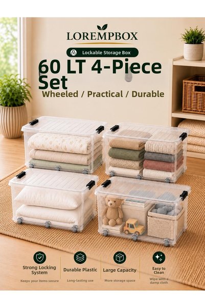LOREMPBOX 60 L Wheeled Lockable Storage Box Set of 4 Transparent, Stackable, ...