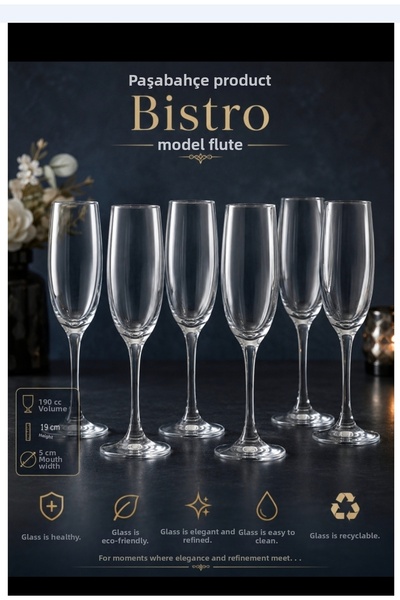 Paşabahçe Bistro Flute Glasses 6 Pieces 190 Cc Volume 19 cm Length 5 cm Mouth...