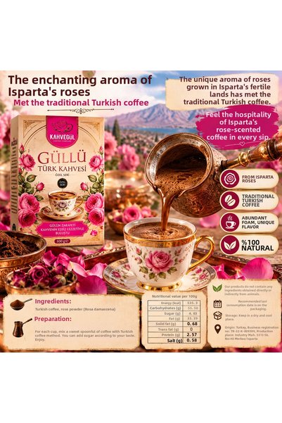 hennadibace Famous Isparta Turkish Coffee with Roses 100Gr Medium Roasted Premium Turkish Coffee with Roses