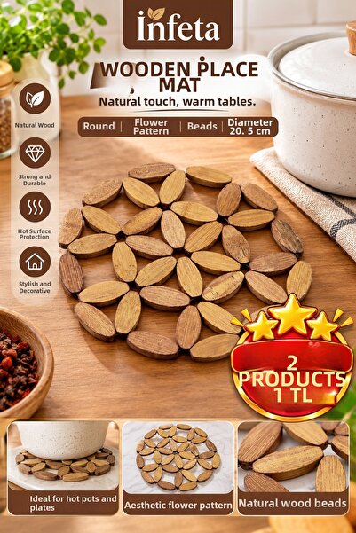 İnfeta 20.5 cm Round Flower Model Beaded Wooden Trivet Pot Pan Teapot Base