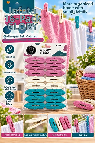 İnfeta 16 Pieces Glory Clothes Pegs Colorful Plastic Embossed Patterned with ...