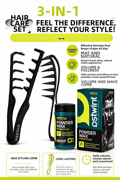 FESTİLO 3-Piece Hair Styling Set |   Wax Powder, Volume Comb and Styling Comb