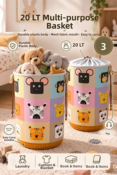 Nandy Kids مجموعة من 2 سلة بلاستيكية متعددة الأغراض بسعة 20 لتر مع غطاء قابل ...