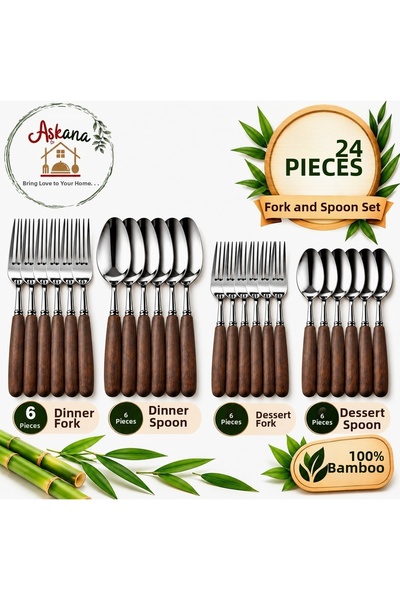 Aşkana yuvanıza aşkla... Aşkan'A 24 Piece Natural Bamboo Handle Stainless Steel, 6 Person Cutlery Set, Food and Dessert Set