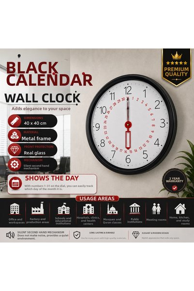 Generic Brand Black Calendar 40 X 40 cm Metal Wall Clock