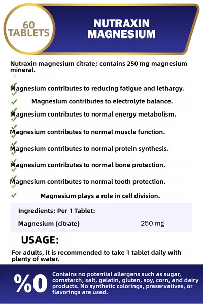 Nutraxin Magnesium 250 mg 60 Tablets Food Supplement Containing Magnesium Citrate