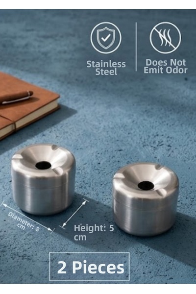 İkram Dünyası Ashtray with Steel Lid, Set of 2, Stainless, Odorless, for Gard...