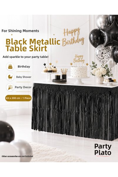 Parti Plato Black Metallic Table Skirt 65X200 cm with Tassels Birthday Party ...