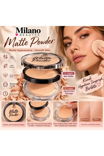 MİLANO BEAUTYS بودرة ماتية - بودرة مضغوطة ذات مظهر طبيعي مع إسفنجة التطبيق - ...