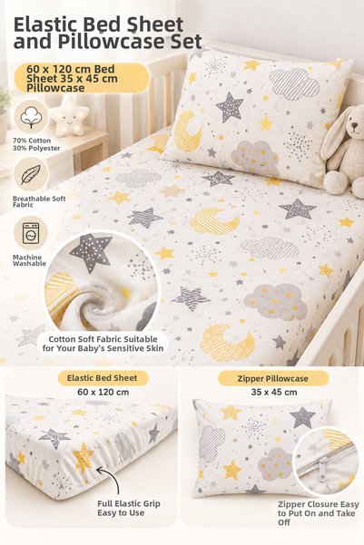 Ozz Baby طقم ملاءات سرير مطاطية مقاس 60x120 60x110 70x110 70x120 غطاء وسادة م...