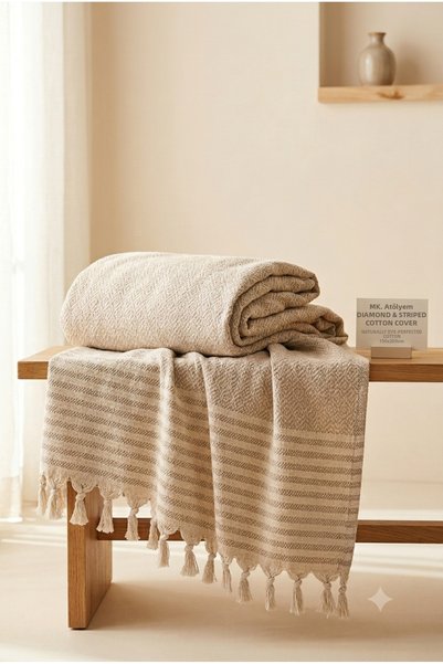 MKAtölyem Cotton Woven Natural Vintage Sofa Cover 180X215 Beige