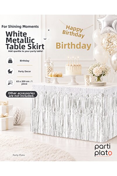 Parti Plato White Metallic Table Skirt 65X200 cm with Tassels Birthday Party ...