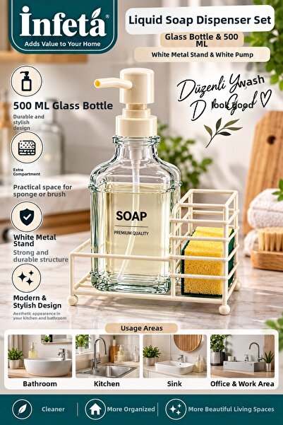 İnfeta 500 ml Glass Liquid Soap Dispenser Set with White Pump, Metal Stand an...