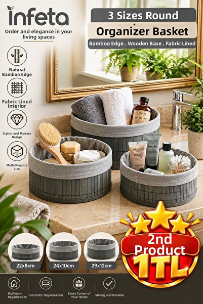 İnfeta Gray 3-Piece Round Bamboo Organizer Basket Set with Cloth and Wooden B...