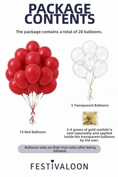 FESTİVALOON Red Gold Concept Balloon Set with 20 Transparent Confetti Birthday Organization Party and Special Occasions Decoration Balloons
