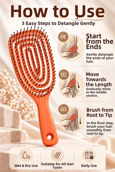 Noveno Detangling Hair Brush Wet & Dry Use Flexible Detangler Hair Comb Easy Combing – Orange