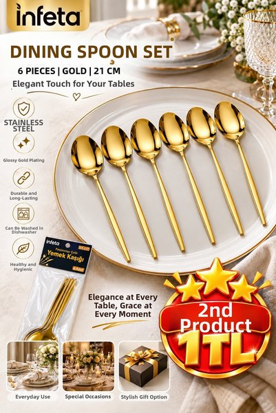 İnfeta Gold 21 cm Set of 6 Dinner Spoons Stainless Steel Shiny Flatware Spoon...