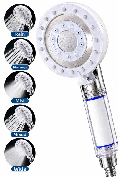 teknotrust Preminium 5-Function Filtered Shower Head with Massage, Rain, Mist, Wide and Mixed Water Flow