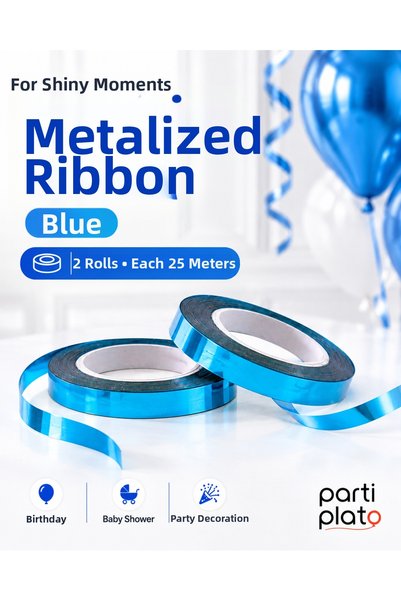 Parti Plato Blue Metalized Raffia 2 Pieces X 25 Meters Balloon String Gift Wr...
