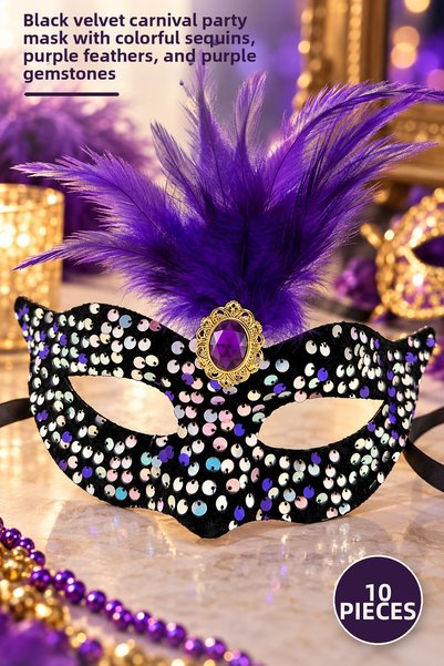 Yenilig 10 Pieces Party Mask – Black Velvet with Colorful Sequins, Purple Fea...