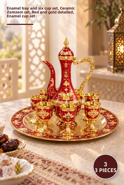 Yenilig 3 Piece Enamel Zemzem Set – Enamel Tray and Six Cup Set, Ceramic Zemz...