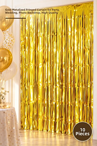 Yenilig 10 Pcs Backdrop Curtain – Gold Metalized Fringed Decorative Curtain P...