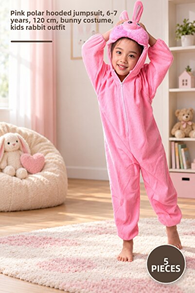 Yenilig 5 Pieces Children's Rabbit Costume - Pink Fleece Jumpsuit with Headge...